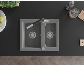 Mexen Carlos, 1,5-komorový granitový drez 582x475x177 mm a drezová batéria Flora, šedá, 6518-71-670401-07