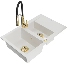 Mexen Gaspar, 1,5-komorový granitový drez 737x475x177 mm a drezová batéria Aster, biela, 6507-20-73450-57-G