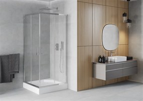 Mexen Rio, štvorcový sprchovací kút s posuvnými dverami 90 x 90 cm, 5mm číre sklo, chrómový profil + biela vysoká sprchová vanička Rio, 860-090-090-01-00-4510