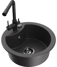 Mexen Diego, 1-komorový granitový drez 488x488x167 mm, čierna batéria Duero, čierna škvrnitá, 6512-76-671600-70-B
