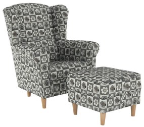 Kreslo ušiak s taburetom, látka patchwork N1, ASTRID