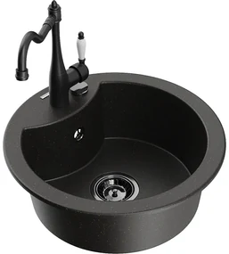 Mexen Diego, granitový drez 488x488x167 mm, 1-komorový a drezová batéria Carla, čierna-zlatá metalíza, 6512-75-670700-70-B