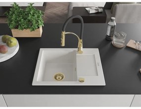 Mexen Enzo, 1-komorový granitový drez 576x465x174 mm a drezová batéria Aster, biela, 6506-20-73450-57-G