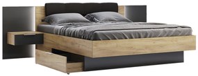 Manželská posteľ LUNA + rošt + matrac COMFORT + doska s nočnými stolíkmi, 180x200, dub Kraft/sivá
