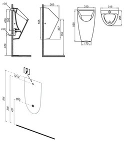Bruckner - pisoár SCHWARN, zadný prívod a zadný odtok, so zabudovaným splachovaním, 6 V DC, biela