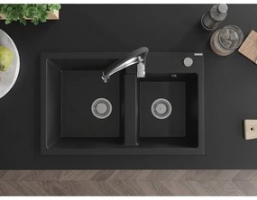 Mexen Tomas, 2-komorový granitový drez 800x500x190 mm a drezová batéria Aster, čierna, 6516-77-73450-07