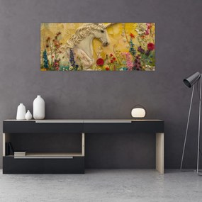 Obraz - Jednorožec s kvetinami (120x50 cm)