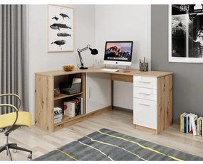 Písací stôl s poličkou a zásuvkami ROBERTO, pravostranný, dub artisan/biela