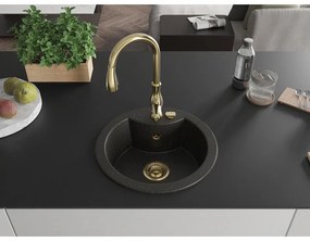 Mexen Diego, 1-komorový granitový drez 488x488x167 mm a drezová batéria Savita, čierna-zlatá metalíza, 6512-75-672601-50