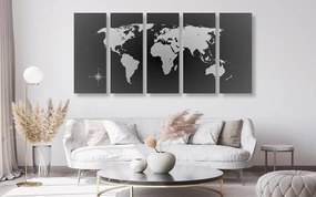 5-dielny obraz mapa sveta v odtieňoch sivej - 200x100