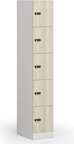 Šatníková skrinka S1 s úložnými boxmi, 5 boxov, 1850 x 300 x 500 mm, mechanický kódový zámok, laminované dvere, dub prírodný