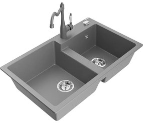 Mexen Tomas, granitový drez 800x500x190 mm, 2-komorový a drezová batéria Carla, šedá, 6516-71-670700-71