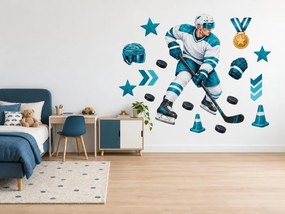 Hokejista v bielom drese akvarelové hokejové nálepky na stenu pre staršich chlapcov arch 31 x 46 cm