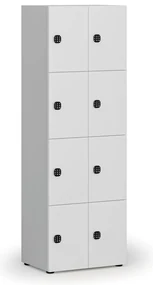 Drevená šatníková skrinka s úložnými boxmi, 8 boxov, kódový zámok, sivá/biela
