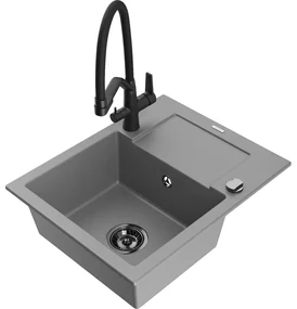 Mexen Enzo, granitový drez 576x465x174 mm, 1-komorový a drezová batéria Duo, šedá, 6506-71-671701-70-B