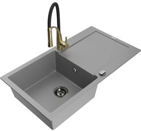 Mexen Leo, granitový drez 900x500x190 mm, 1-komorový a drezová batéria Aster, šedá, 6501-71-73450-57-B