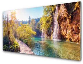 Skleneny obraz Jazero príroda vodopád 100x50 cm