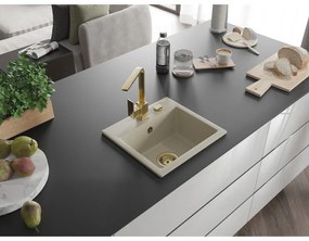 Mexen Milo, 1-komorový granitový drez 435x410x171 mm a zlatá batéria Rita, béžová, 6505-69-670300-50