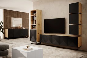 Závesná skrinka RTV Asha 200 cm s ryhovaným čelom - artisan / čierny mat