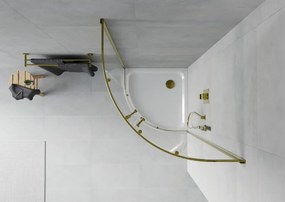 Mexen Rio, štvrťkruhový sprchovací kút s posuvnými dverami 80(dvere) x 80(dvere) x 190 cm, 6mm číre sklo, zlatý profil + biela sprchová vanička SLIM, 863-080-080-50-00-4110G