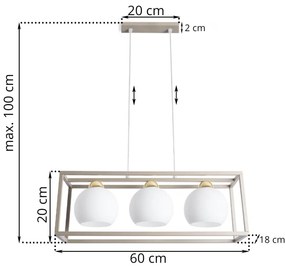 Závesné svietidlo Eliza Cage, 3x biele sklenené tienidlo v kovovom ráme