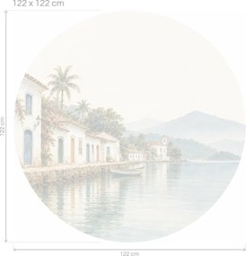 Koloniálne domčeky pri tropickom zálive kruhová akvarelová dekorácia s exotickým nábrežím na stenu arch 46 x 46 cm