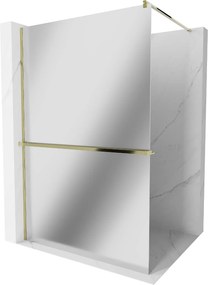 Mexen Kioto+, sprchová zástena s poličkou a držiakom na uteráky 90 x 200 cm, 8mm sklo vzor zrkadlo, zlatý profil, 800-090-121-50-50