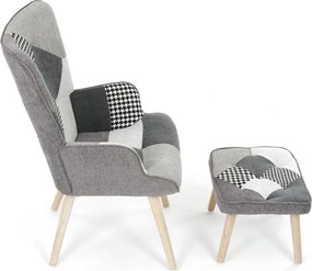 Relaxačné kreslo ušiak LISA + taburet — masív, látka, čiernobiely patchwork