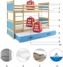 Poschodová posteľ s prístelkou RICO 3 200x90 Borovica - Modrá