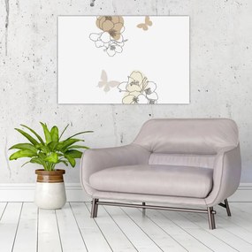 Obraz - Béžové kvety s motýľom N⁰2 (90x60 cm)