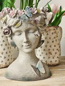 Šedý dekoratívny kvetináč hlava ženy s kvetmi a motýliky - 20*18*26 cm