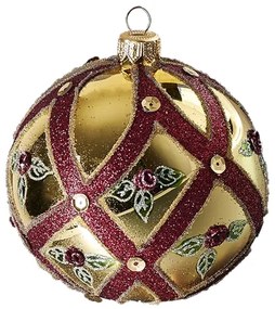 Vianočná guľa zlatá tmavočervený dekor
