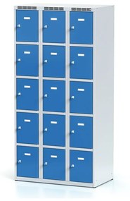 Alfa 3 Šatníková skrinka s úložnými boxami, 15 boxov, 1800 x 900 x 500 mm, otočný zámok, modré dvere