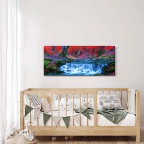 Obraz vodopádu v červenom lese (120x50 cm)