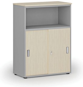 Kombinovaná kancelárska skriňa so zásuvnými dverami PRIMO GRAY, 800 x 420 x 1087 mm, sivá/breza