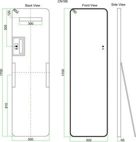Mereo Mereo, zrkadlo hranaté 500x1700 mm, LED osvetlenie, závesné aj stojaté, čierny rám, MER-CN188