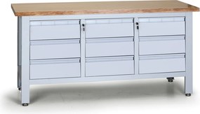 Pracovný stôl do dielne EXPERT, 9 zásuviek, 1690 x 600 x 860 - 900 mm, sivá