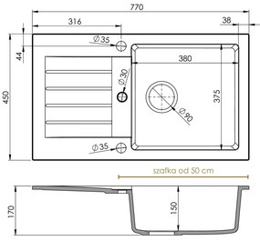 Sink Quality Natalie, kuchynský granitový drez 770x450x170 mm + zlatý sifón, biela, SKQ-NAT.W.1KDO.XG