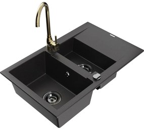 Mexen Gaspar, granitový drez 737x475x177 mm, 1,5-komorový a zlatá batéria Telma, čierna, 6507-77-670200-50-B
