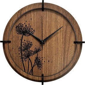 Drevené hodiny Wenge s čiernym kvetinovým motívom | SENTOP HDF0586-ORECH-WENGE