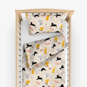Goldea detské bavlnené obliečky do postieľky - veselé mačky na béžovom 110 x 125 a 35 x 55 cm