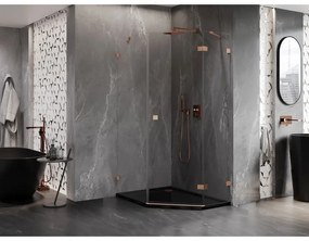 Mexen Lunar, päťuholníkový sprchový kút s pravým sklonom 90 x 100 cm, 8mm číre sklo, profil medená matná, 831-090P-100L-65-00-P