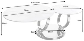 Konferenčný stolík DANCING RINGS 80-135 cm otočný keramický vrch s bielym mramorovým vzhľadom