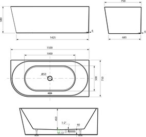 Aqualine Aqualine, TIBERA R rohová stojaca vaňa 150x75cm, biela, E1037