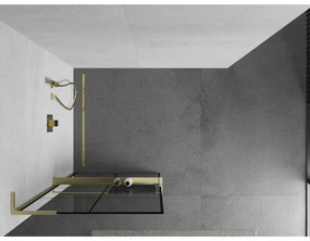 Mexen Kioto+ L, sprchová zástena Walk-In s poličkou a vešiakom 70 x 200 cm, 8mm číre sklo čierny vzor, zlatý matný profil, 800-070-123-55-77