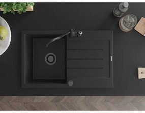 Mexen Bruno, granitový drez 795x495x200 mm, 1-komorový a drezová batéria Carla, čierna, 6513-77-670700-70-B
