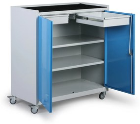 Dielenská pojazdná skrinka na náradie KOVONA, 2 police, 2 zásuvky, zváraná, 1000 x 500 x 1000 mm
