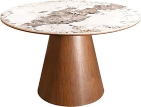 Okrúhly keramický jedálenský stôl Parthenia 120 cm biely mramor / orech