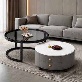 LuxuryForm DESIGN Konferenčný stolík ORION 70 × 70 / 50 × 50 cm – sivý / biely mramor + sklo (set 2 ks)