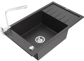 Mexen Elias, granitový drez granitový 795x480x200 mm, 1-komorový, čierna škvrnitá s chrómovým sifónom a chrómová drezová batéria Rita, 6511-76-670300-00